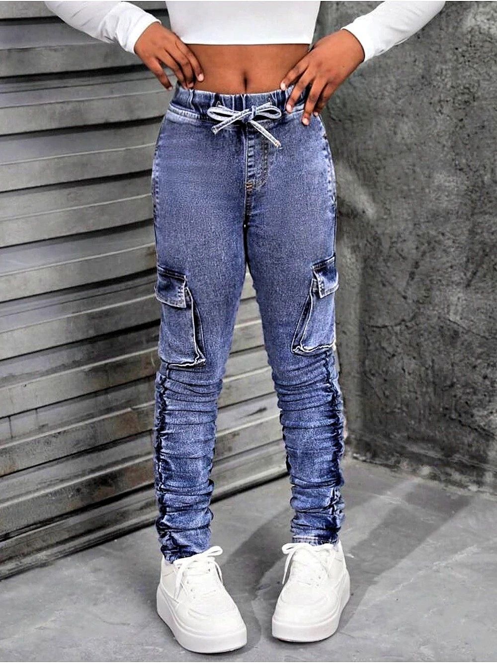 8-9 year old  Girl's Y2K Flap Pockets Side Casual Stacked Denim Cargo Jeans Stac